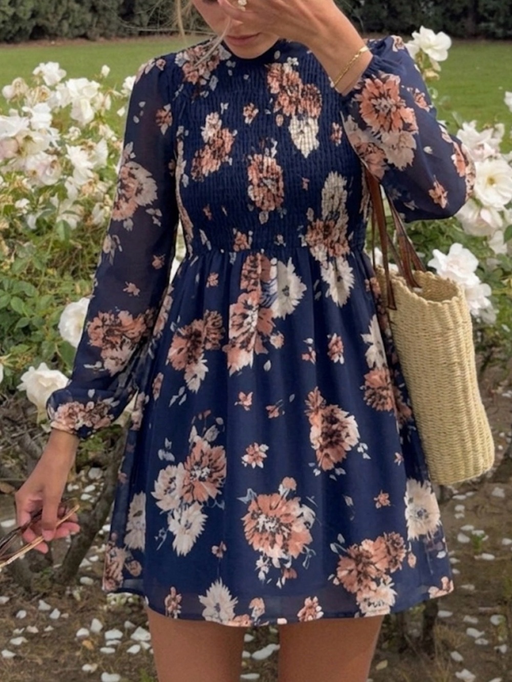 Navy Floral Smocked Waist Mini Dress